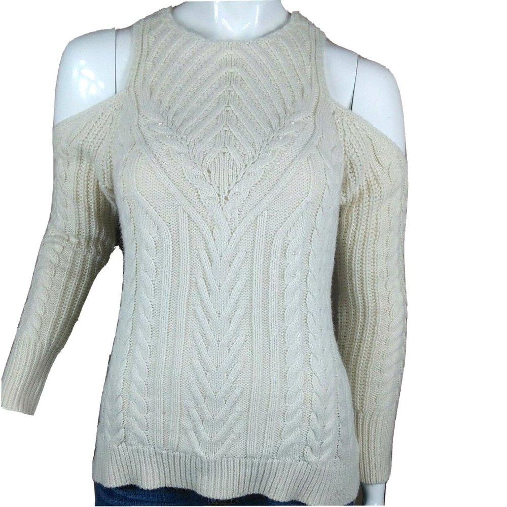 LC Cream Cold Shoulder Pearl Accent Knit Sweater